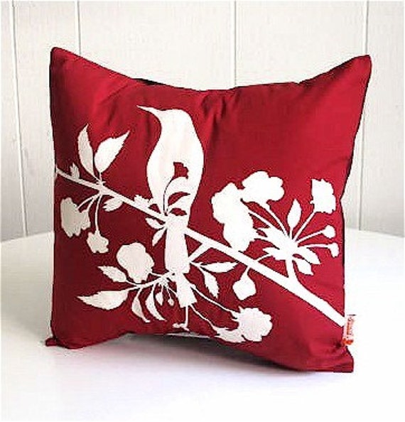 Red Blossom Mini Pillow Silkscreened Bird Design, 10.5 - image 1