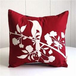 Red Blossom Mini Pillow Silkscreened Bird Design, 10.5 - thumbnail 2