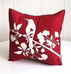 Red Blossom Mini Pillow Silkscreened Bird Design, 10.5 - thumbnail 1