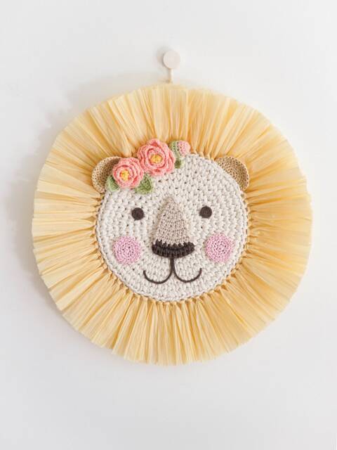 Crochet Lion Face Raffia Wall Hanging Safari Jungle Nursery Decor - image 1