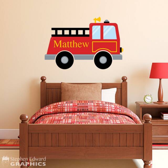Firetruck Wall Decal - Personalized Fire Truck Sticker Fireman Vinyl Decor - image 1