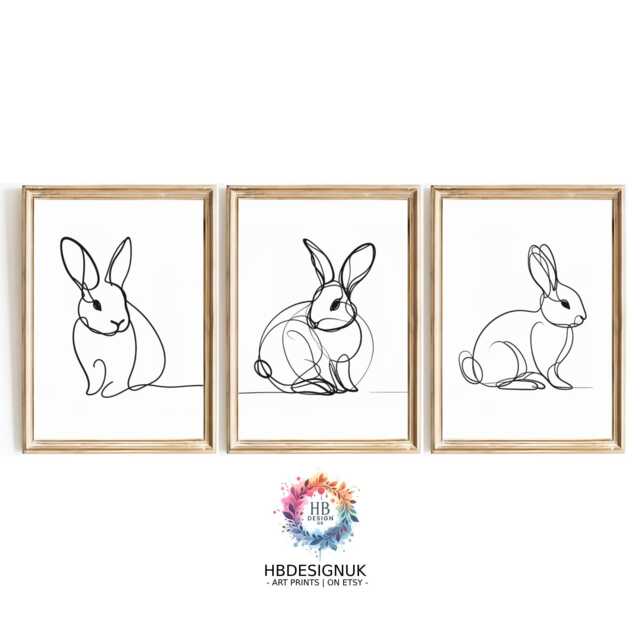 Rabbit Line Drawing Print Set Of 3 - Minimalist Bunny Sketch Wall Art Black & White Animal Decor Gift For Pet Or Lovers A3 A4 - image 1