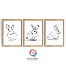 Rabbit Line Drawing Print Set Of 3 - Minimalist Bunny Sketch Wall Art Black & White Animal Decor Gift For Pet Or Lovers A3 A4 - thumbnail 1