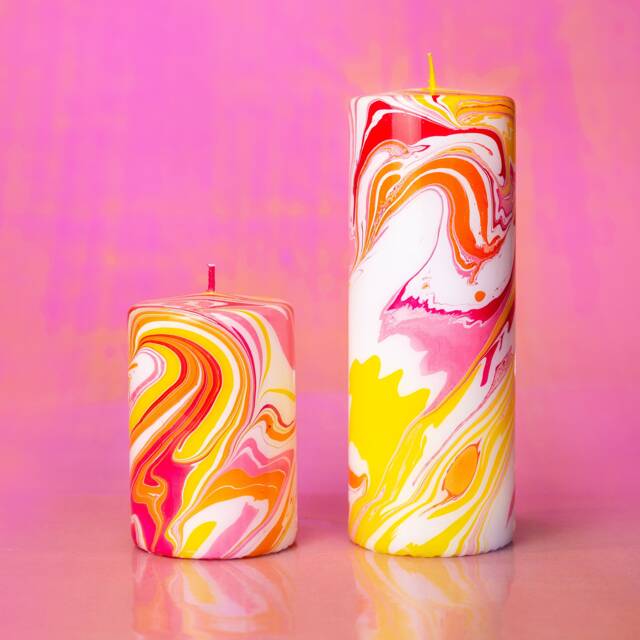 Marbled Ornament Decoration Pillar Candle Ornament - Phoebe White, Pink, Orange & Yellow - image 1