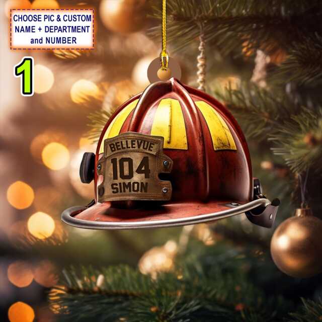 Custom Name, Number & Department Firefighter Helmet Personalized Ornament, Christmas Tree Decor, Flat 2D Ornament - image 1