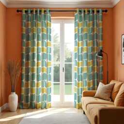 Modern Geometric Teal & Yellow Curtains, Retro Abstract Window Treatments, Minimalist Drapes, Contemporary Home Decor For Living Room - thumbnail 2