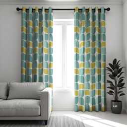 Modern Geometric Teal & Yellow Curtains, Retro Abstract Window Treatments, Minimalist Drapes, Contemporary Home Decor For Living Room - thumbnail 3