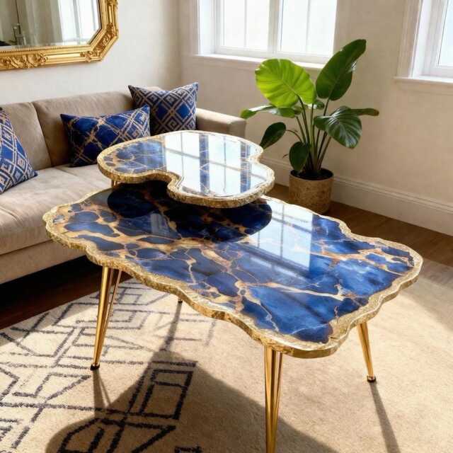 2x Nesting Stone-Look Coffee Table, Handmade Epoxy Resin Turquoise Art Side Table , Modern Home Decor Gold Legs - image 1