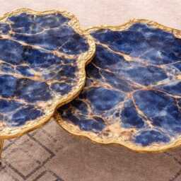2x Nesting Stone-Look Coffee Table, Handmade Epoxy Resin Turquoise Art Side Table , Modern Home Decor Gold Legs - thumbnail 4