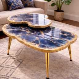 2x Nesting Stone-Look Coffee Table, Handmade Epoxy Resin Turquoise Art Side Table , Modern Home Decor Gold Legs - thumbnail 3