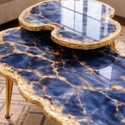 2x Nesting Stone-Look Coffee Table, Handmade Epoxy Resin Turquoise Art Side Table , Modern Home Decor Gold Legs - thumbnail 2