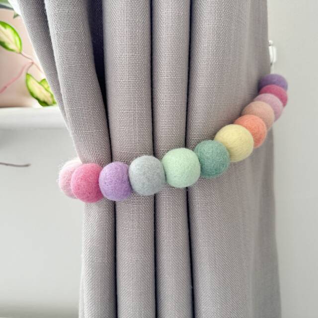 Pastel Rainbow Felt Ball Curtain Tie Backs - Pom Hold Custom Ties Nursery Decor Baby Gift Colourful Pull - image 1