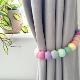 Pastel Rainbow Felt Ball Curtain Tie Backs - Pom Hold Custom Ties Nursery Decor Baby Gift Colourful Pull - thumbnail 2