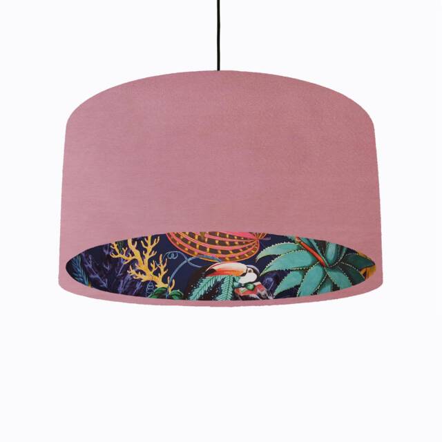 Light Pink Velvet Lampshade With Tropical Wonderland Lining, Large Ceiling Lightshade - image 1