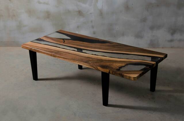 Custom Live Edge Coffee Table Made Of Walnut, Crystal Transparent Uv Resin Table, Rectangular Epoxy With Wooden Legs, River - image 1