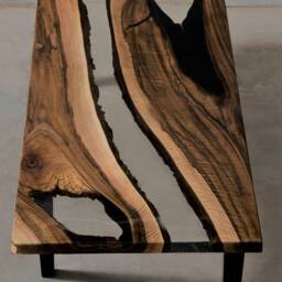Custom Live Edge Coffee Table Made Of Walnut, Crystal Transparent Uv Resin Table, Rectangular Epoxy With Wooden Legs, River - thumbnail 3