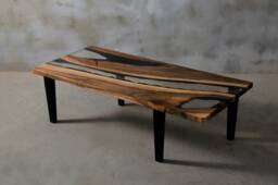 Custom Live Edge Coffee Table Made Of Walnut, Crystal Transparent Uv Resin Table, Rectangular Epoxy With Wooden Legs, River