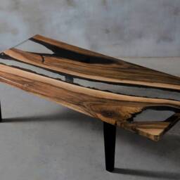 Custom Live Edge Coffee Table Made Of Walnut, Crystal Transparent Uv Resin Table, Rectangular Epoxy With Wooden Legs, River - thumbnail 2