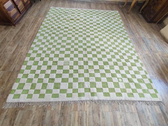 Checkerboard Wool Rug, Ivory & Green, Large Handmade Moroccan Berber Rug - image 1
