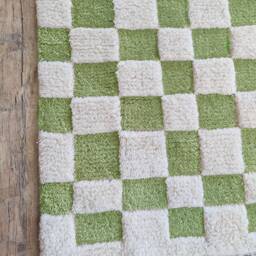 Checkerboard Wool Rug, Ivory & Green, Large Handmade Moroccan Berber Rug - thumbnail 3