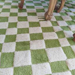 Checkerboard Wool Rug, Ivory & Green, Large Handmade Moroccan Berber Rug - thumbnail 2