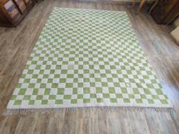 Checkerboard Wool Rug, Ivory & Green, Large Handmade Moroccan Berber Rug - thumbnail 1