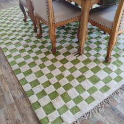 Checkerboard Wool Rug, Ivory & Green, Large Handmade Moroccan Berber Rug - thumbnail 4