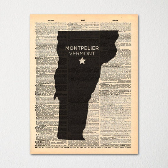 Vermont Custom City-state Dictionary Art Print/Vintage Paper