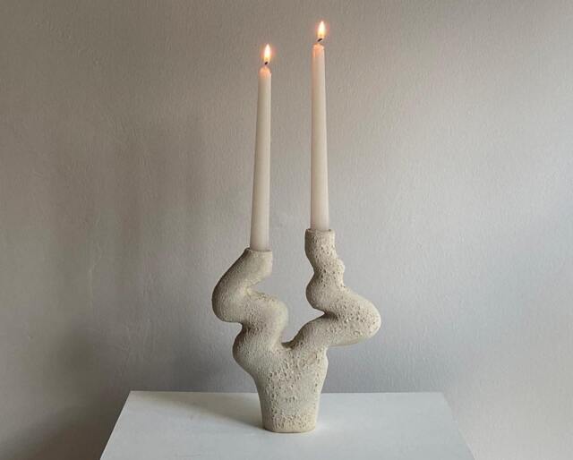 Beige Sculptural Ceramic Candle Holder - Contemporary Candlestick - image 1