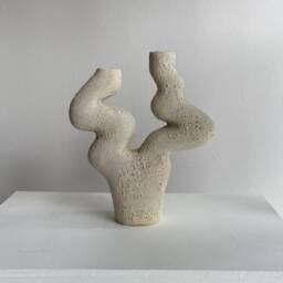 Beige Sculptural Ceramic Candle Holder - Contemporary Candlestick - thumbnail 2