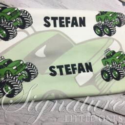 Personalized Baby Blanket, Monster Truck Monogrammed Name Shower Gift, Birth Announcement Blanket - thumbnail 2