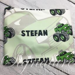 Personalized Baby Blanket, Monster Truck Monogrammed Name Shower Gift, Birth Announcement Blanket - thumbnail 1