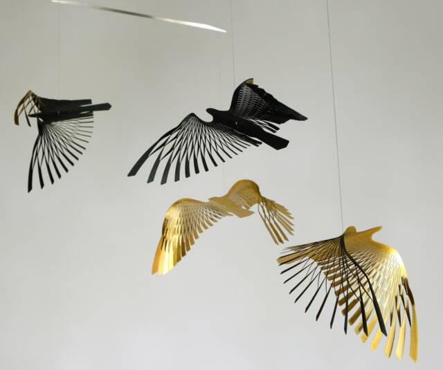 Black & Gold Bird Mobile Brass Sculpture, Kinetic Art - image 1