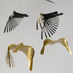 Black & Gold Bird Mobile Brass Sculpture, Kinetic Art - thumbnail 3