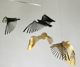 Black & Gold Bird Mobile Brass Sculpture, Kinetic Art
