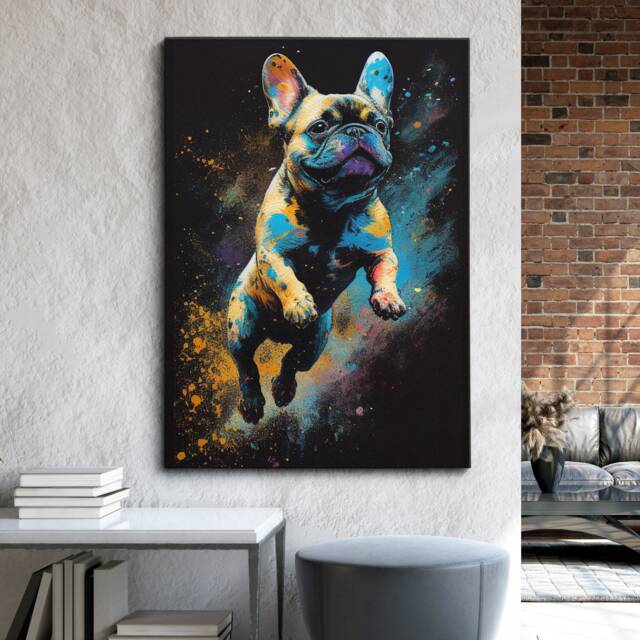 French Bulldog Animal Jumping Abstract Oil Painting Splatter Style Wall Art, Framed Canvas Poster Print, Home Kitchen Office Room Decor - image 1