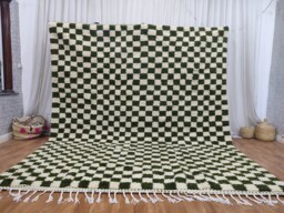 Moroccan Wool Rug - Handmade Green & White Checkered Berber Carpet