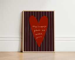 My Happy Place Print, Brown Homely Stripe Hand Drawn Cosy Wall Art Kitchen Living Room Unframed - thumbnail 1