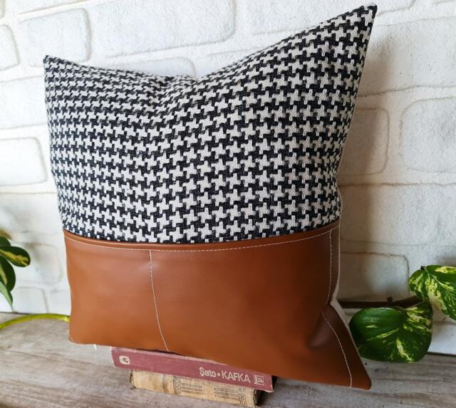 Houndstooth Pillow Cover Cognac Faux Leather Pocket Accent, 16x16 - image 1