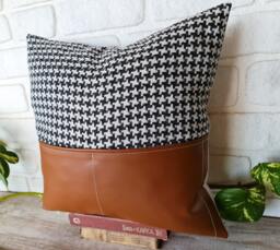 Houndstooth Pillow Cover Cognac Faux Leather Pocket Accent, 16x16