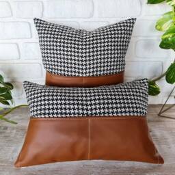 Houndstooth Pillow Cover Cognac Faux Leather Pocket Accent, 16x16 - thumbnail 4