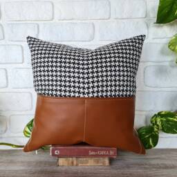 Houndstooth Pillow Cover Cognac Faux Leather Pocket Accent, 16x16 - thumbnail 2