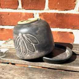 Gray Ceramic Two-Part Planter With Separate Saucer, Carved Flower, Handmade Plant Pot, Drainage Hole, 3.5 Inches Tall - thumbnail 3