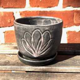 Gray Ceramic Two-Part Planter With Separate Saucer, Carved Flower, Handmade Plant Pot, Drainage Hole, 3.5 Inches Tall - thumbnail 2