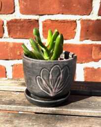 Gray Ceramic Two-Part Planter With Separate Saucer, Carved Flower, Handmade Plant Pot, Drainage Hole, 3.5 Inches Tall - thumbnail 1