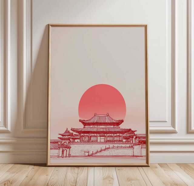 Asian Temple Poster Print, Red Sun Minimalist Wall Art, Japanese Chinese Architecture Decor, Zen Line Drawing Artwork Unframed - image 1