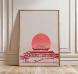 Asian Temple Poster Print, Red Sun Minimalist Wall Art, Japanese Chinese Architecture Decor, Zen Line Drawing Artwork Unframed - thumbnail 1