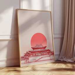 Asian Temple Poster Print, Red Sun Minimalist Wall Art, Japanese Chinese Architecture Decor, Zen Line Drawing Artwork Unframed - thumbnail 3