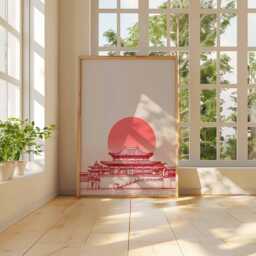 Asian Temple Poster Print, Red Sun Minimalist Wall Art, Japanese Chinese Architecture Decor, Zen Line Drawing Artwork Unframed - thumbnail 2