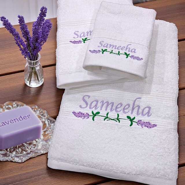 Personalised Lavender Floral Embroidered Towel Set White Cotton Bath, Hand & Face Towels - image 1